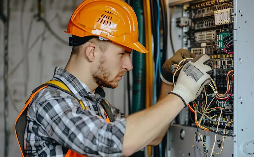 Un électricien concentré, vêtu d'une chemise à carreaux et d'un casque orange, travaille sur un panneau de commande, organisant les câbles. La scène traduit la concentration et les compétences techniques.