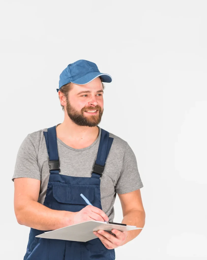 Un homme souriant, vêtu d'une casquette bleue et d'une salopette, tient un bloc-notes et un stylo, debout face à droite sur un fond blanc uni, dégageant une attitude amicale.